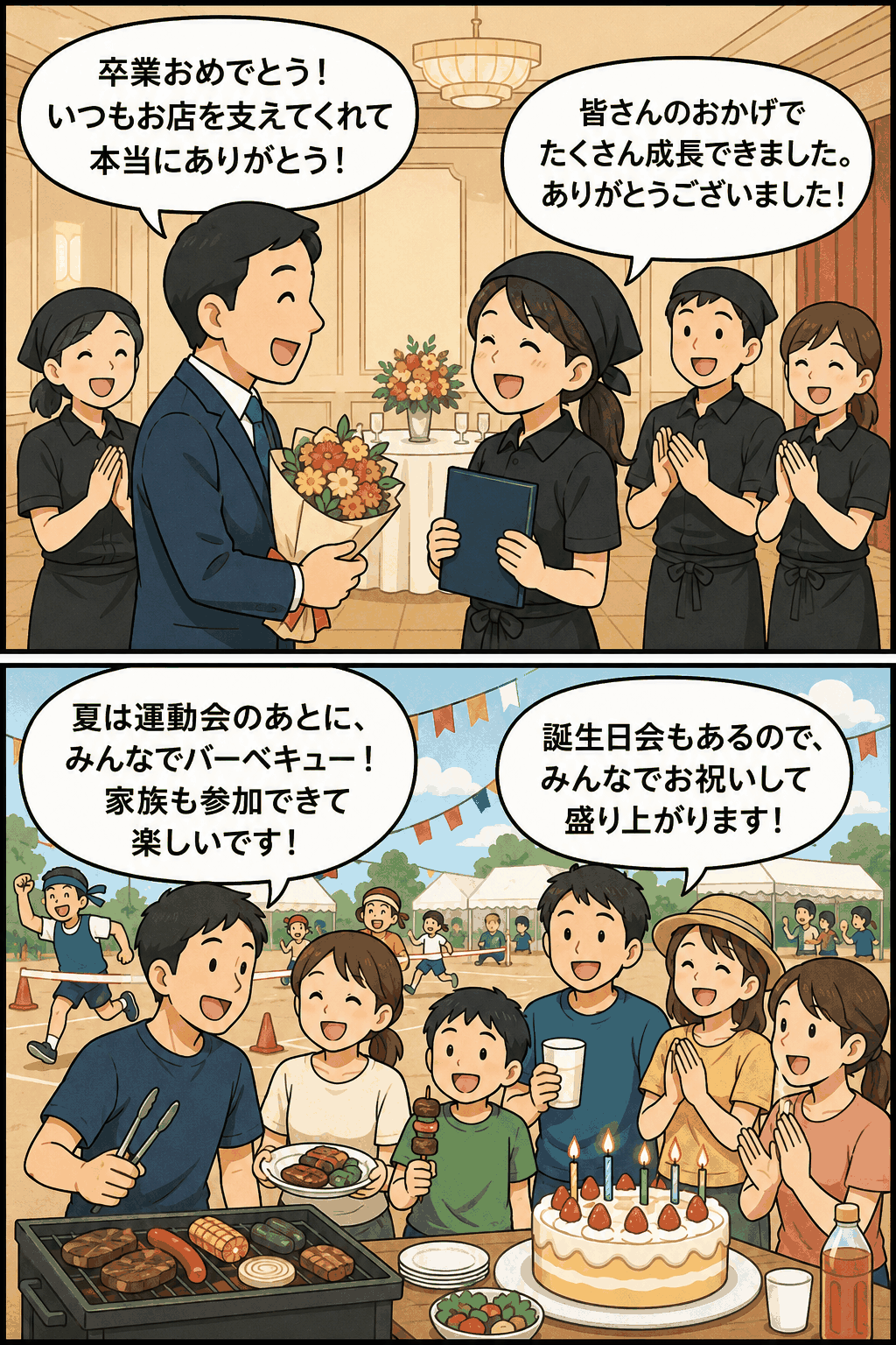 飲食店や学習塾を展開する会社の社内イベントを紹介する漫画風イラスト。アルバイト卒業式、運動会後のバーベキュー、従業員の誕生日会の様子。