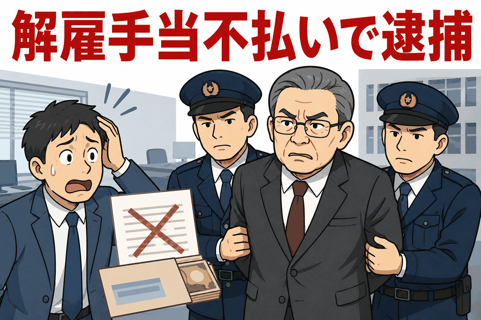 解雇予告手当を支払わず労働基準法違反の疑いで会社代表が逮捕される場面を描いたイラスト