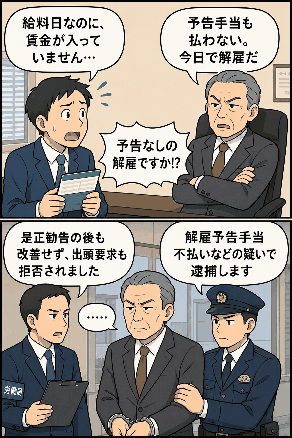 給料未払いと解雇予告手当不払いを理由に、会社代表が労働局と警察に逮捕される流れを描いた漫画イラスト