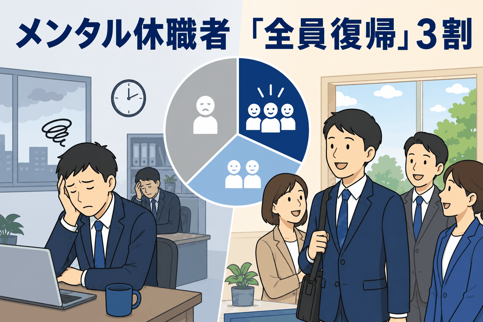 メンタルヘルス不調による休職者の復職状況を示すイラスト。休職中の社員と、全員復職した割合が約3割であることを円グラフで表現。