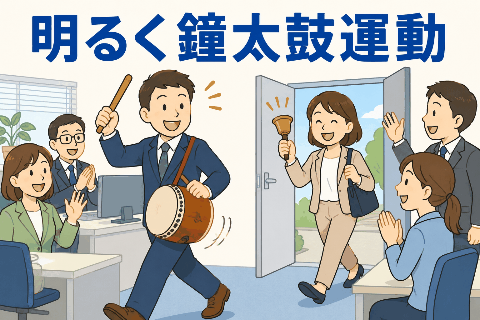 社員が外出時に太鼓をたたき、帰社時に鐘を鳴らして明るく挨拶する「鐘太鼓運動」の様子