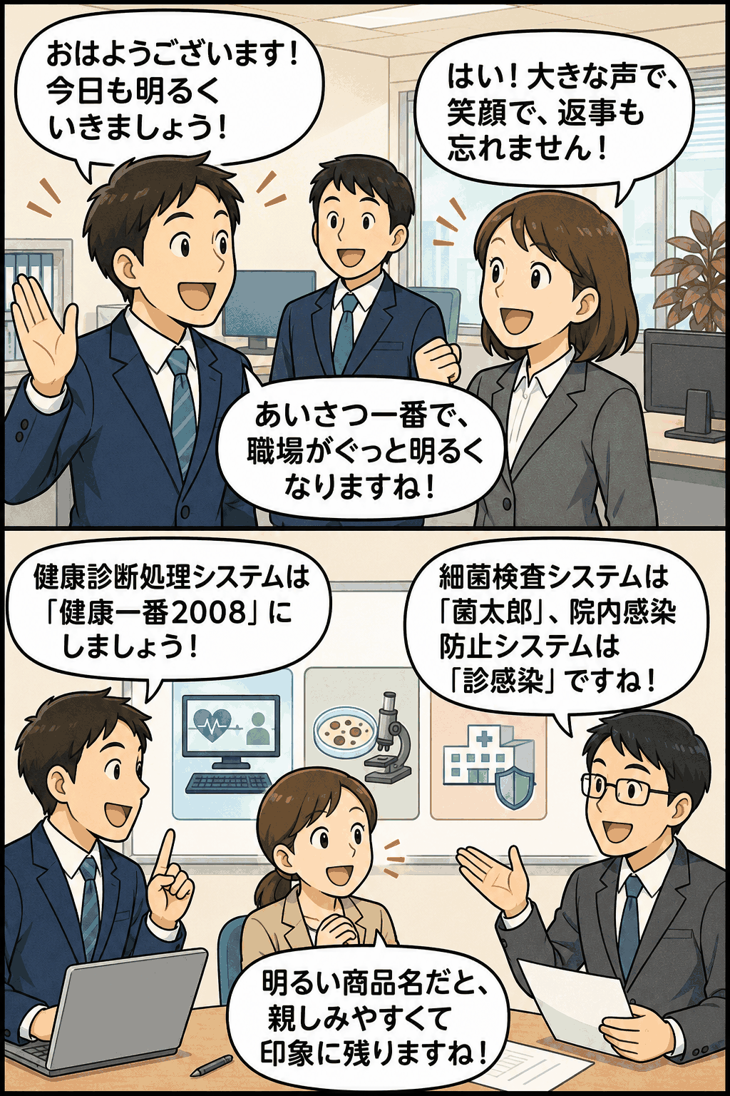 あいさつ一番活動と明るい商品名について、社員が笑顔で挨拶や商品名を話し合うシステム開発会社の漫画風イラスト