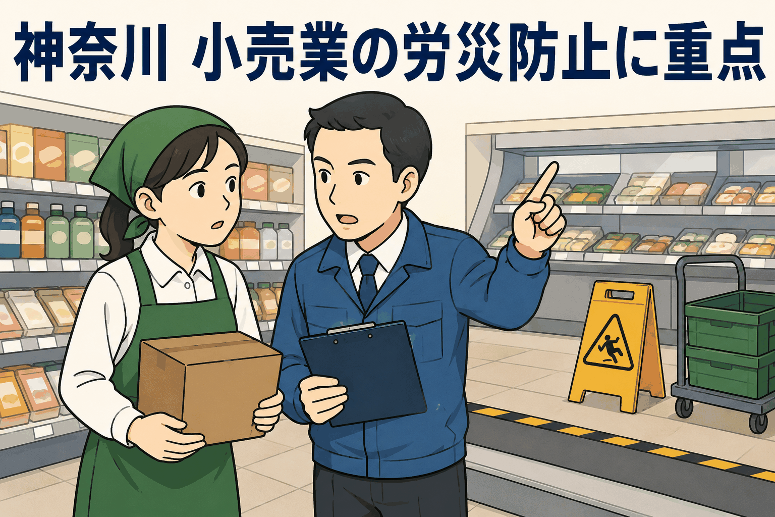 神奈川労働局が小売業など第三次産業の労災防止を重点指導する方針を示すイラスト