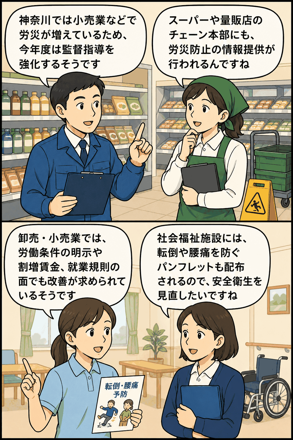 神奈川労働局が小売業・社会福祉施設など第三次産業の労災防止と監督指導強化を説明する漫画