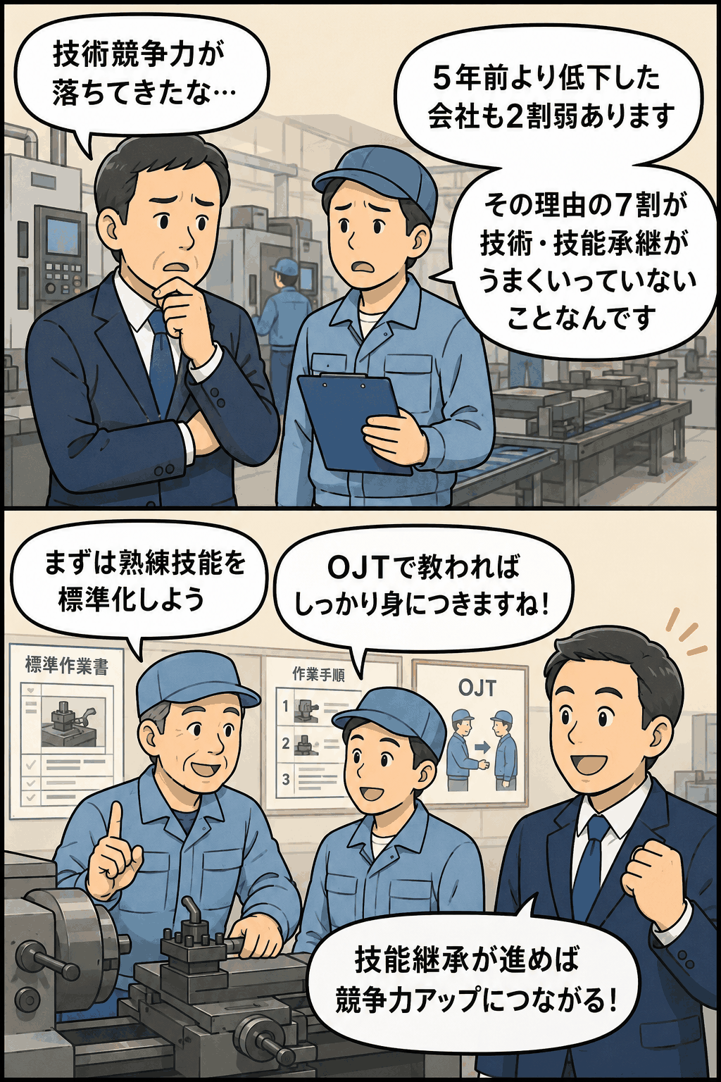 モノづくり企業で技術競争力低下の原因となる技術・技能承継の課題と、標準化やOJTによる解決策を示す漫画