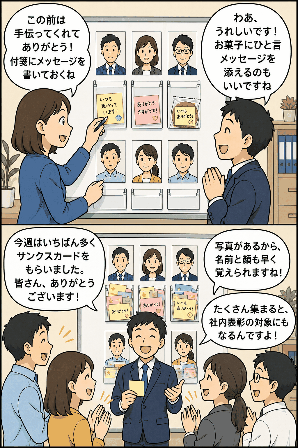 サンクスカードで社員同士が感謝を伝え合い、付箋やお菓子のメッセージを通じて社内コミュニケーションを活性化する様子