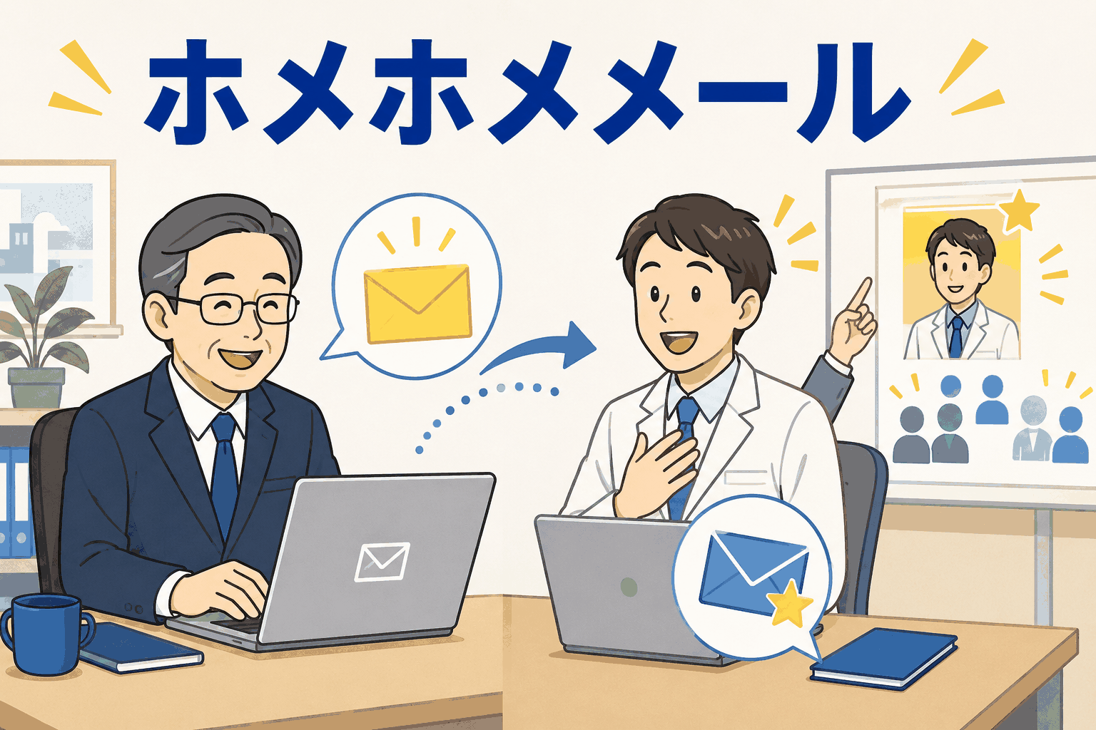 ホメホメメールで社長が社員の仕事ぶりや成果を称え、社内のモチベーション向上につなげる製薬会社の取り組み