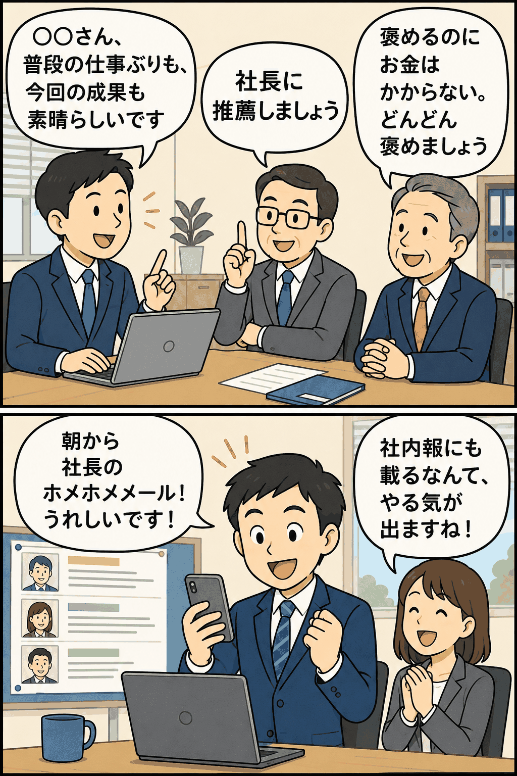 社長から届くホメホメメールで社員の仕事ぶりや成果を称え、社内報にも掲載してモチベーションを高める製薬会社の取り組み