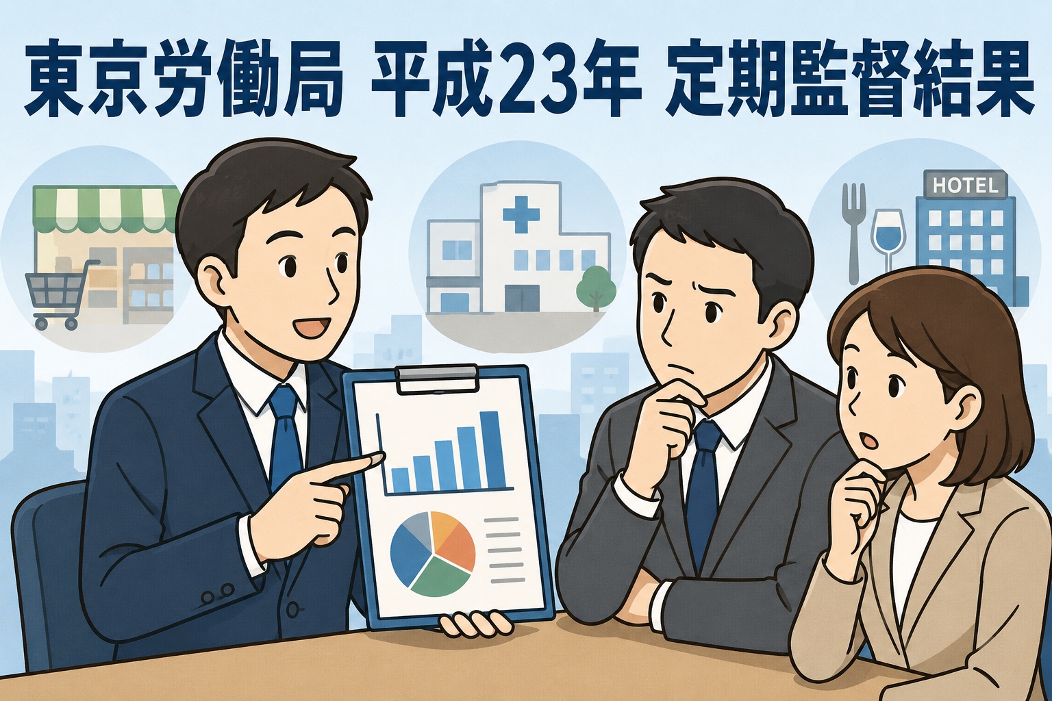 東京労働局の平成23年定期監督結果を説明する職員と、商業・保健衛生業・接客娯楽業の労働基準法違反状況を確認するビジネスパーソン
