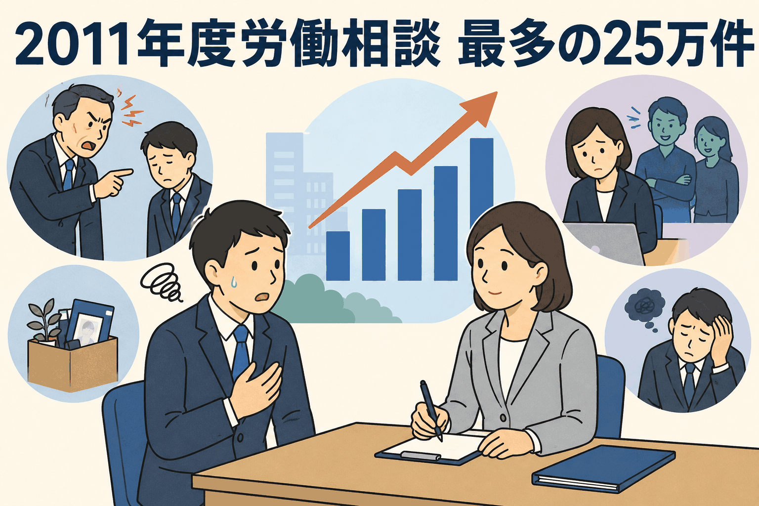 2011年度の個別労働紛争解決制度に基づく労働相談が過去最多の約25万6千件となり、解雇やいじめ・嫌がらせに悩む労働者が相談するイラスト