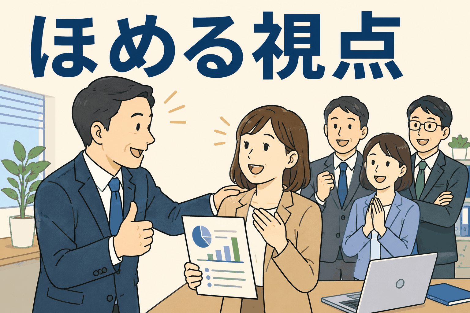 社員を具体的にほめる視点を解説するための、上司が職場で部下を笑顔で称賛しているイラスト