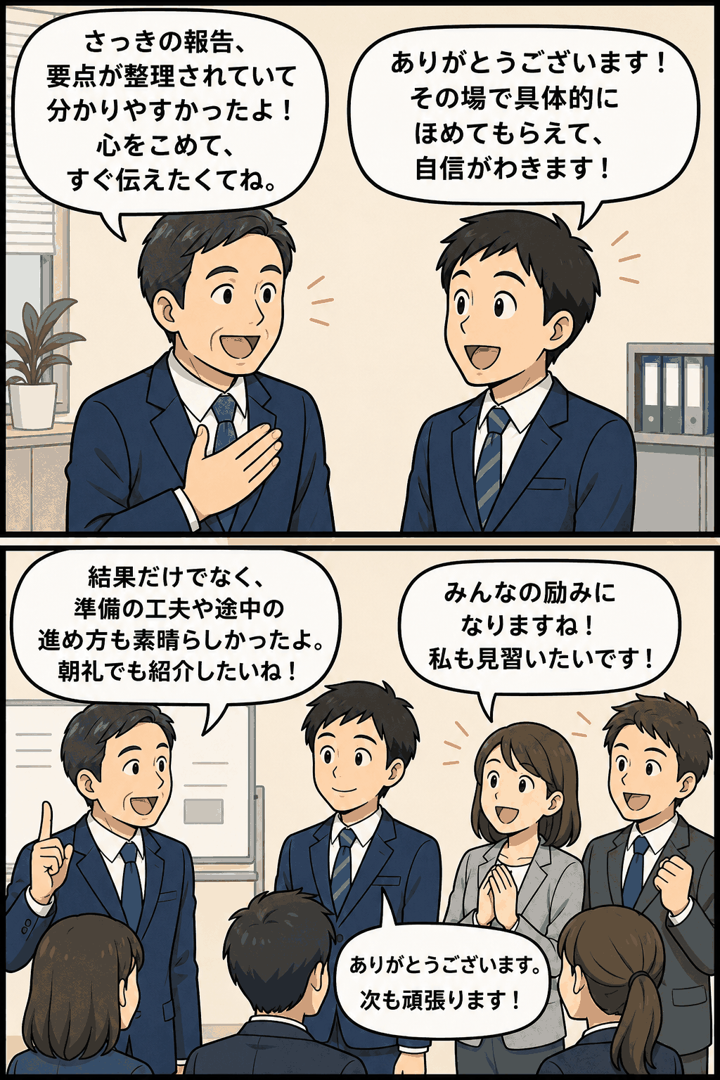 上司が部下の報告内容や仕事のプロセスをその場で具体的にほめ、社員の自信と職場への波及効果を高めている漫画風イラスト