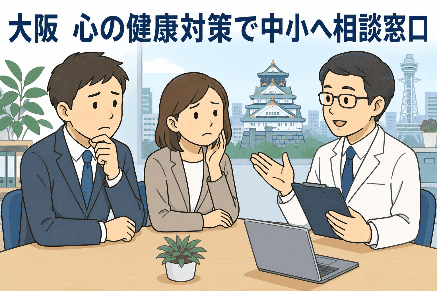 大阪府が開始した職場のメンタルヘルス専門相談について、中小企業の担当者が医師に相談しているイラスト
