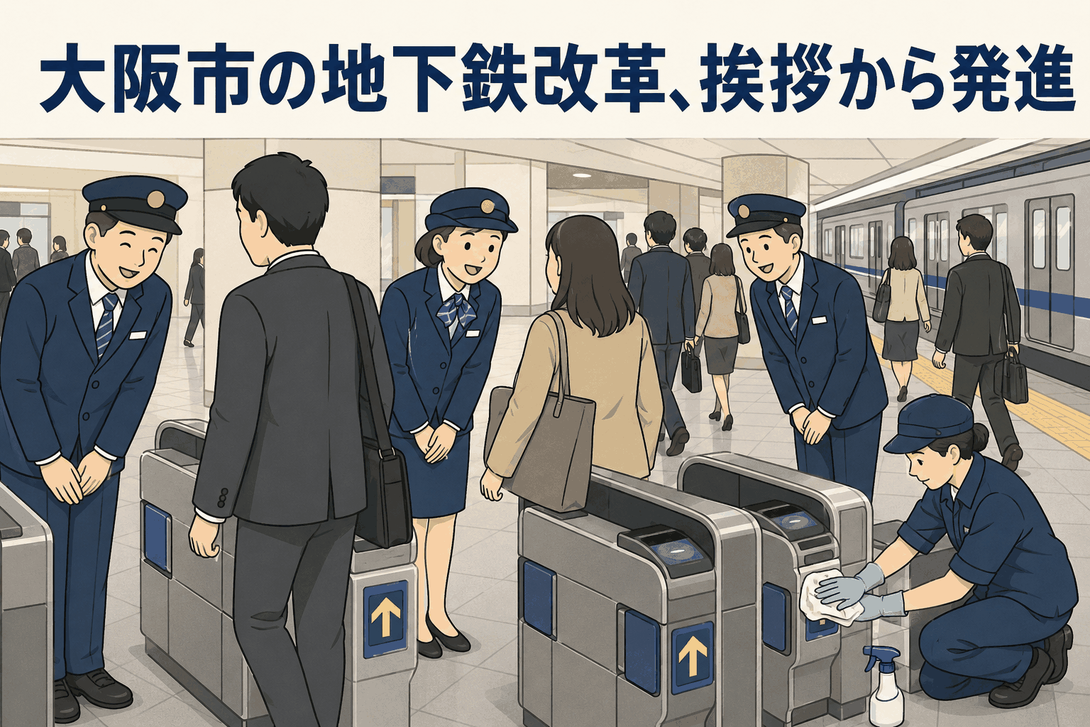 大阪市営地下鉄の駅で、駅員が乗客にあいさつをし、改札機を清掃する様子