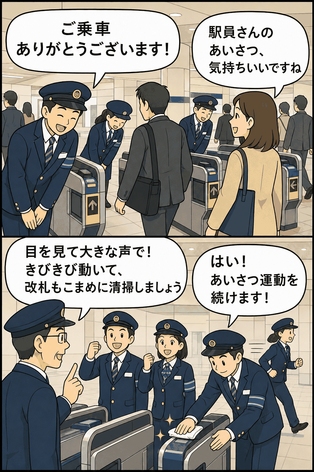 大阪市営地下鉄の駅員が朝のラッシュ時に乗客へあいさつし、改札機を清掃する様子
