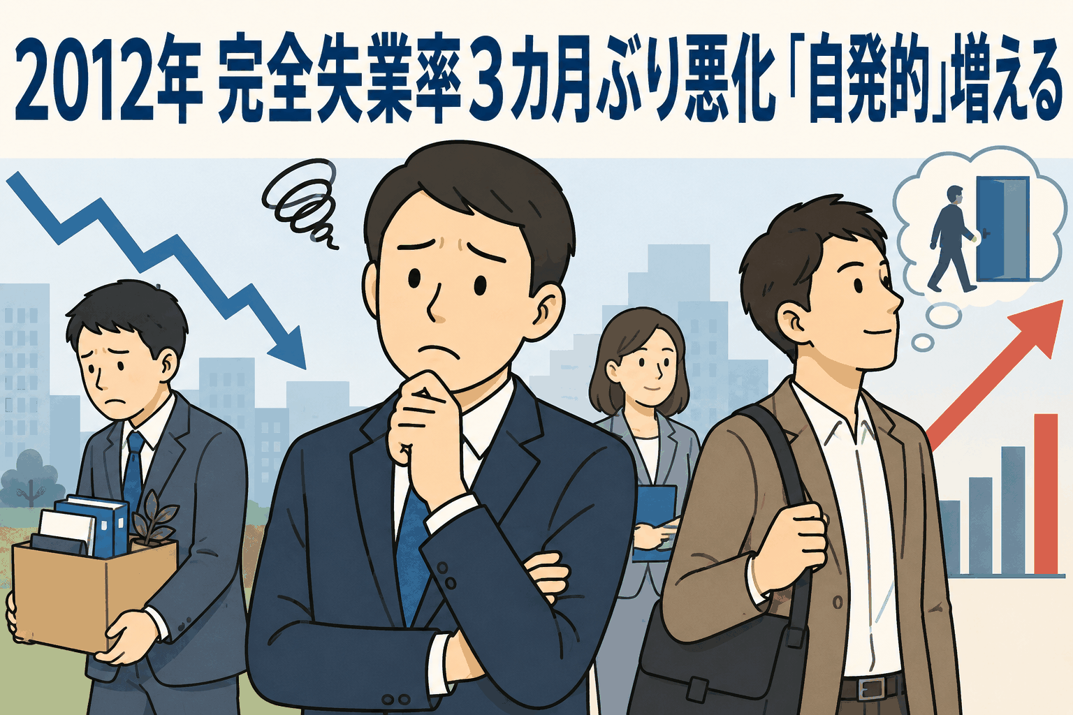 2012年4月の完全失業率が3カ月ぶりに悪化し、自発的離職が増える雇用情勢を示すイラスト