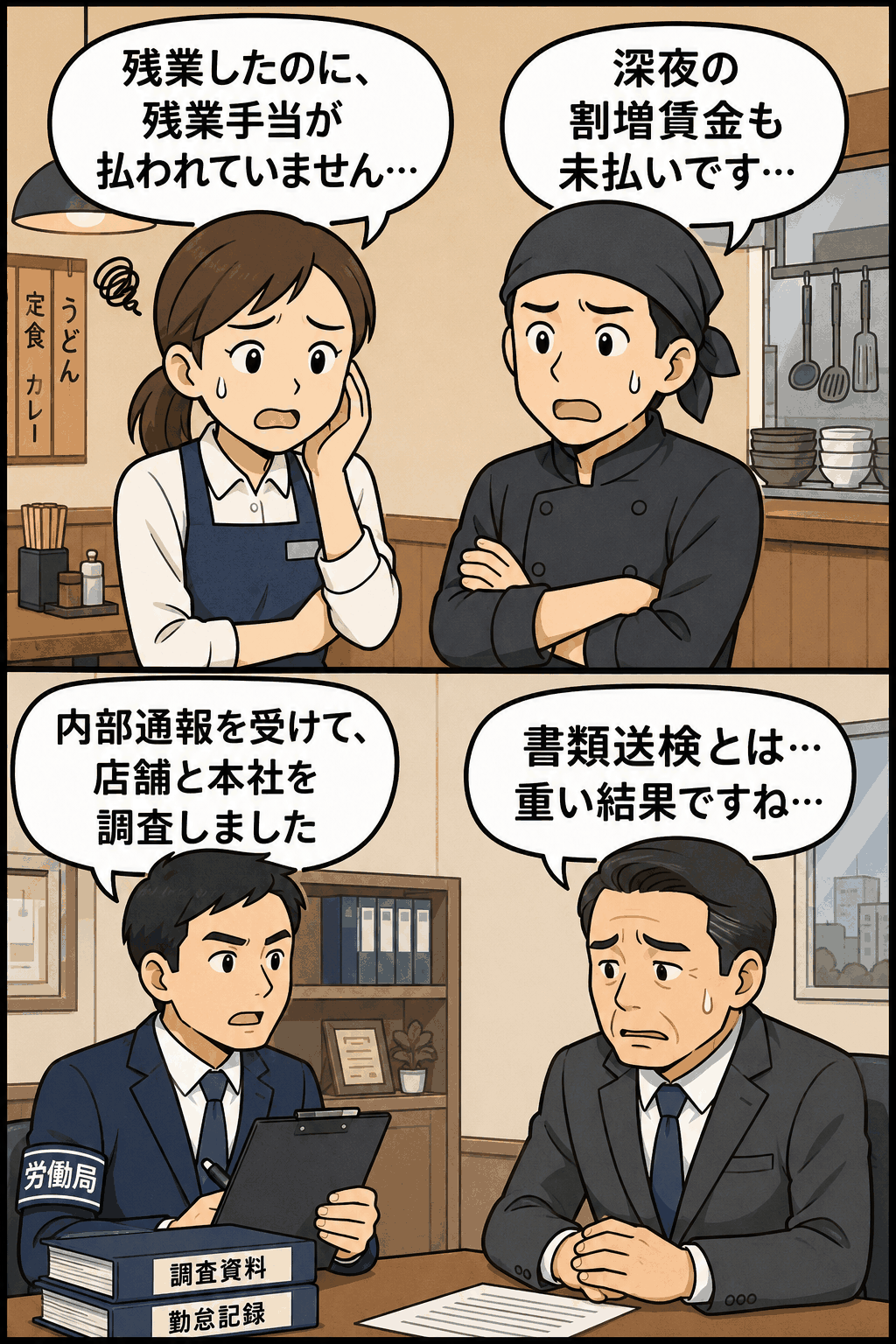 外食大手の残業手当・深夜割増賃金未払い問題をめぐり、大阪労働局が内部通報を受けて調査し書類送検したことを描いた漫画風アイキャッチ画像