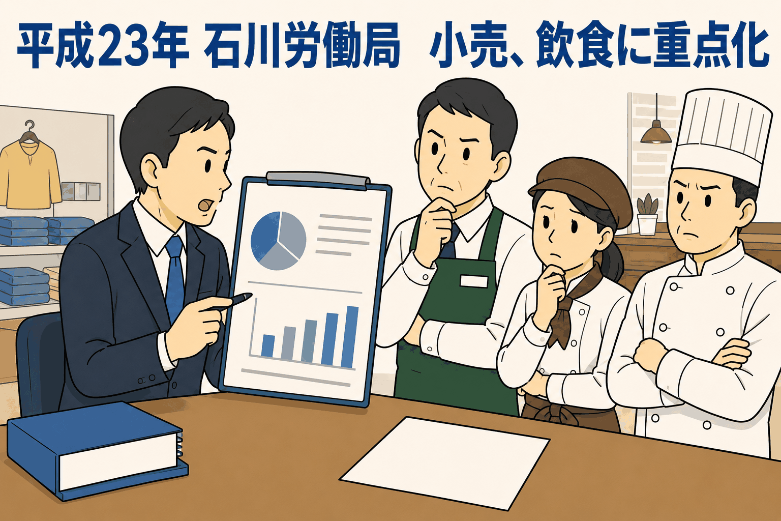 平成23年の石川労働局による監督指導結果を説明し、小売・飲食業の労基法違反やサービス残業対策を示すイラスト
