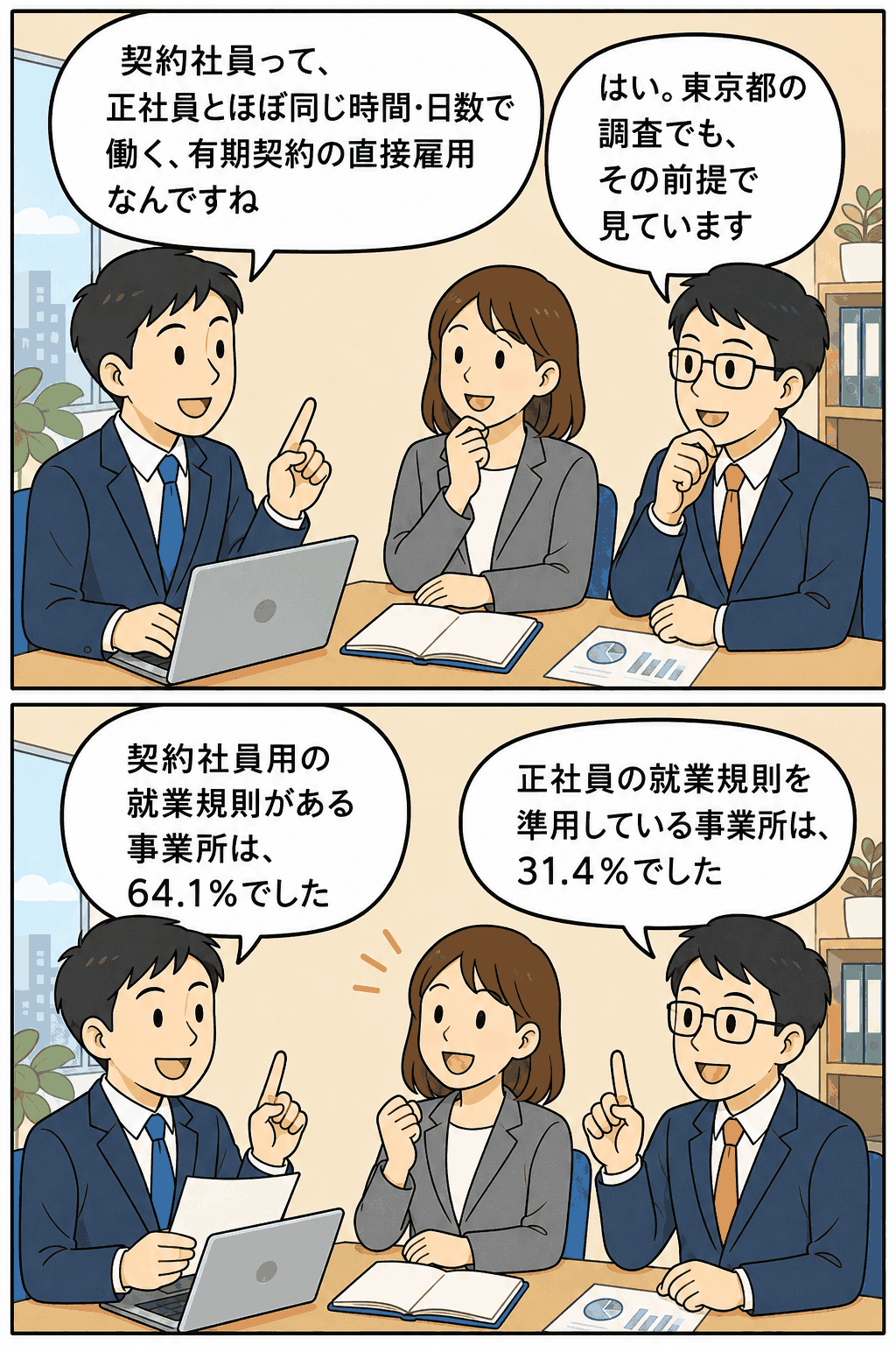 契約社員の定義と就業規則の適用状況について、東京都の調査結果を会議で説明する社員たちの漫画イラスト