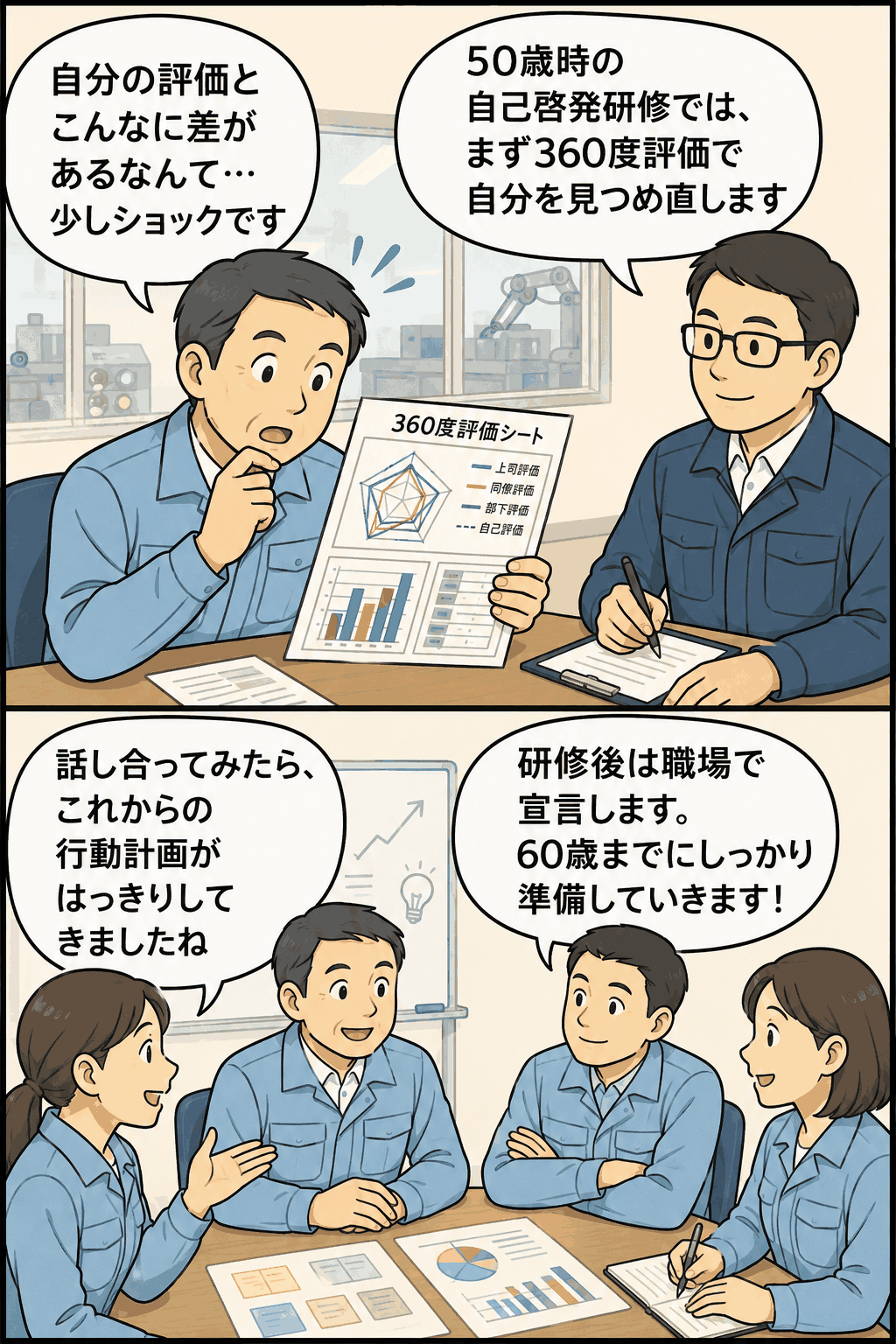 50歳時の自己啓発研修で360度評価を確認し、再雇用に向けた行動計画を話し合う製造会社の社員たち