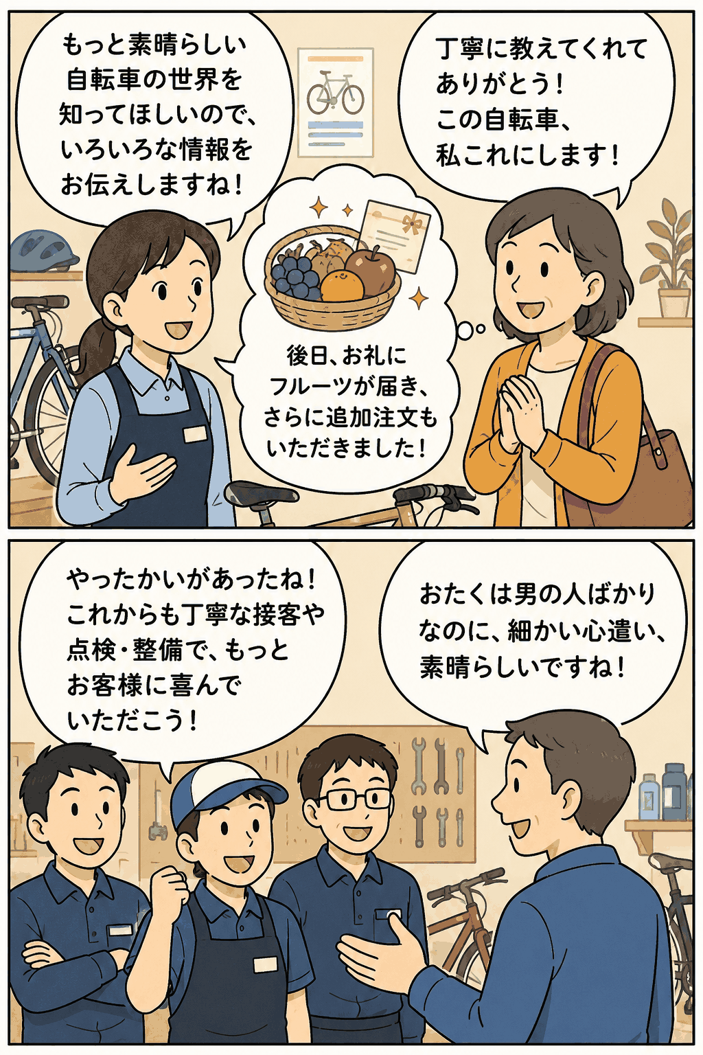 自転車店で新人スタッフの丁寧な接客がお客様の感謝と追加注文につながり、社員のやる気と職場の雰囲気が高まる漫画