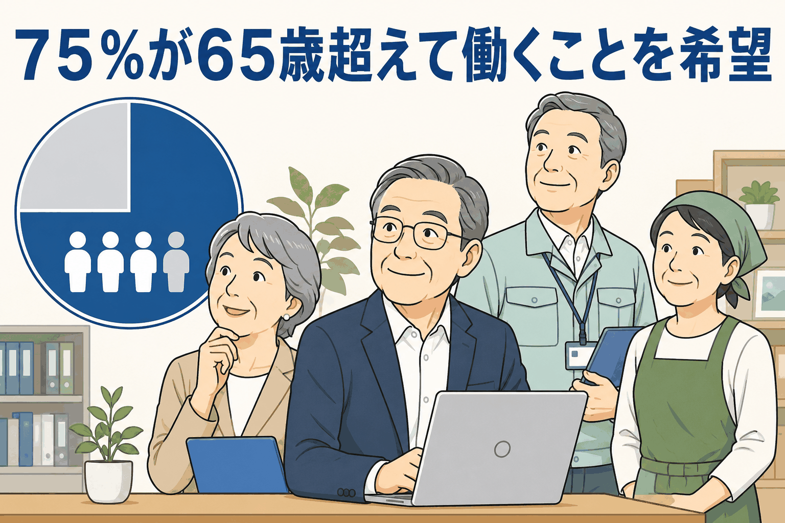 65歳を超えても働き続けたい高齢者が75％いることを示す、シニア就業意欲に関するイラスト