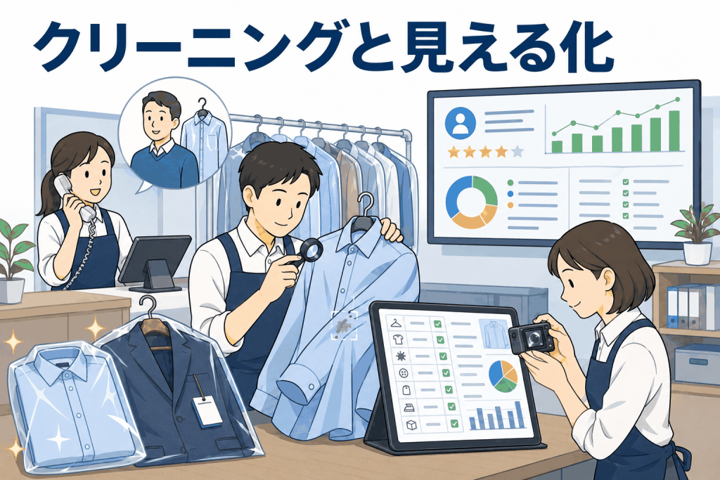 クリーニング業で衣類の状態を電子カルテ化し、シミや損傷を見える化して高品質なケアメンテを行うスタッフのイメージ