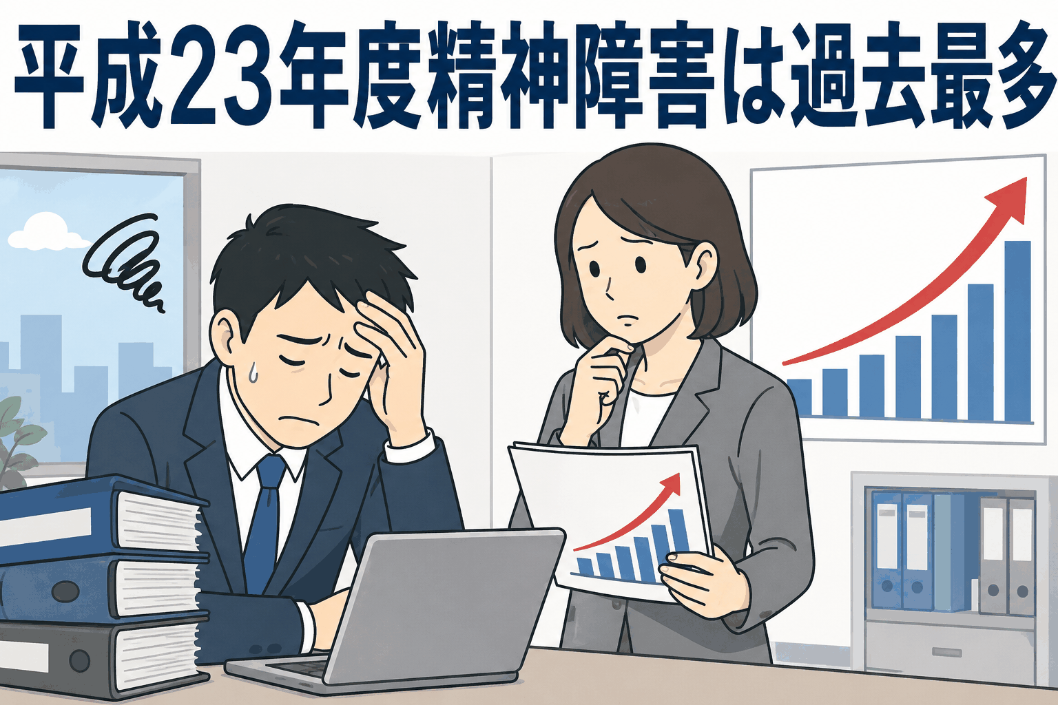 平成23年度の精神障害の労災請求件数と支給決定件数が過去最多となったことを示す職場のイラスト