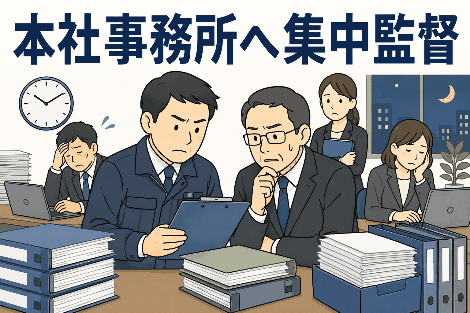 上野労基署が本社事務所を対象に集中監督を行い、長時間労働や労基法違反の実態を確認する様子を表したイラスト
