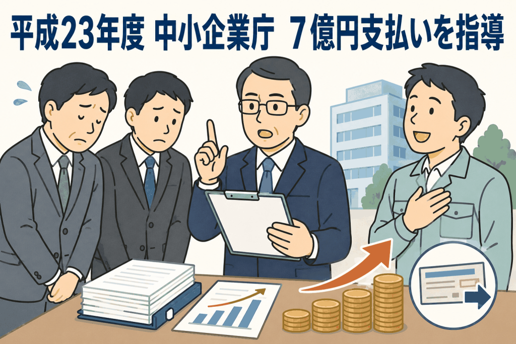 平成23年度に中小企業庁が下請代金支払遅延等防止法に基づき、親事業者への立ち入り調査や7億円返還指導を行ったことを示すイラスト