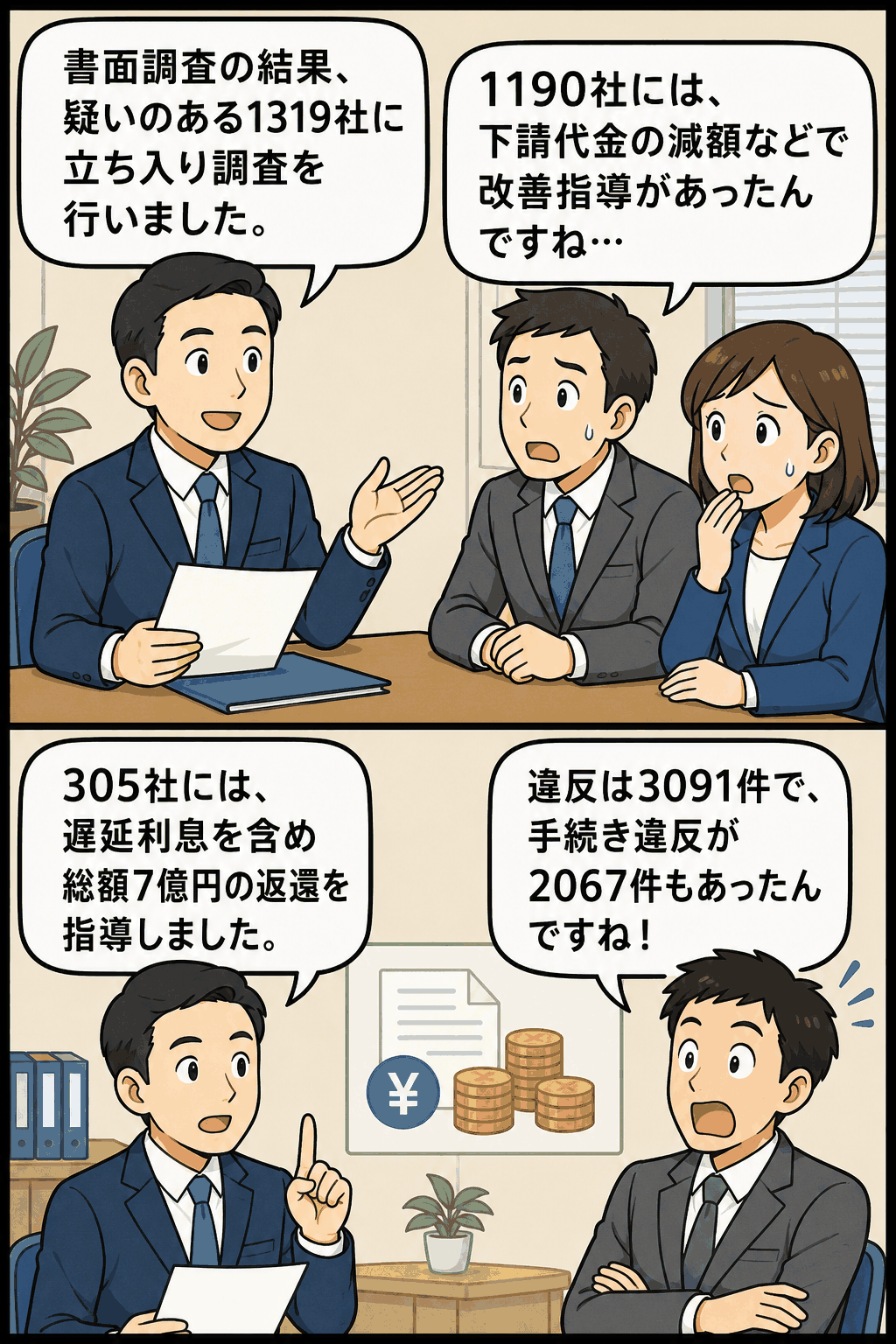 中小企業庁が平成23年度に下請法違反の疑いがある1319社へ立ち入り調査を行い、1190社への改善指導や305社への7億円返還指導を示す漫画イラスト