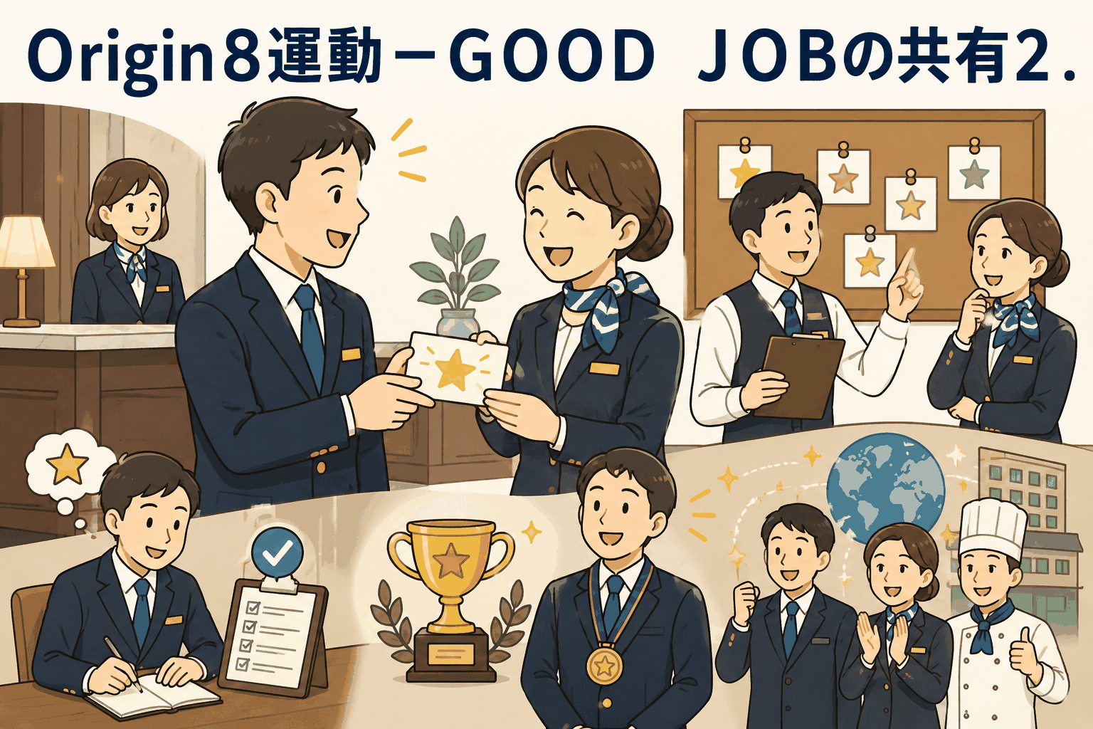 ホテルチェーンのOrigin8運動でGOOD JOBカードを共有し、スタッフの良い仕事を称賛・表彰する取り組み