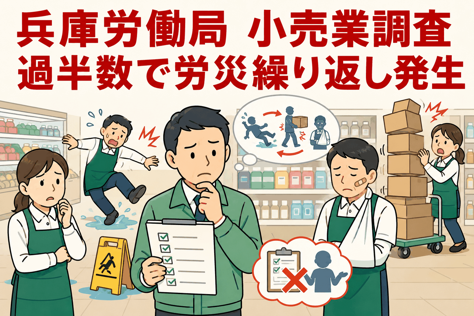兵庫労働局の小売業調査で、過半数の事業場が労災を繰り返し発生させ、7店舗に1店舗が原因究明と対策を実施していないことを示すイラスト
