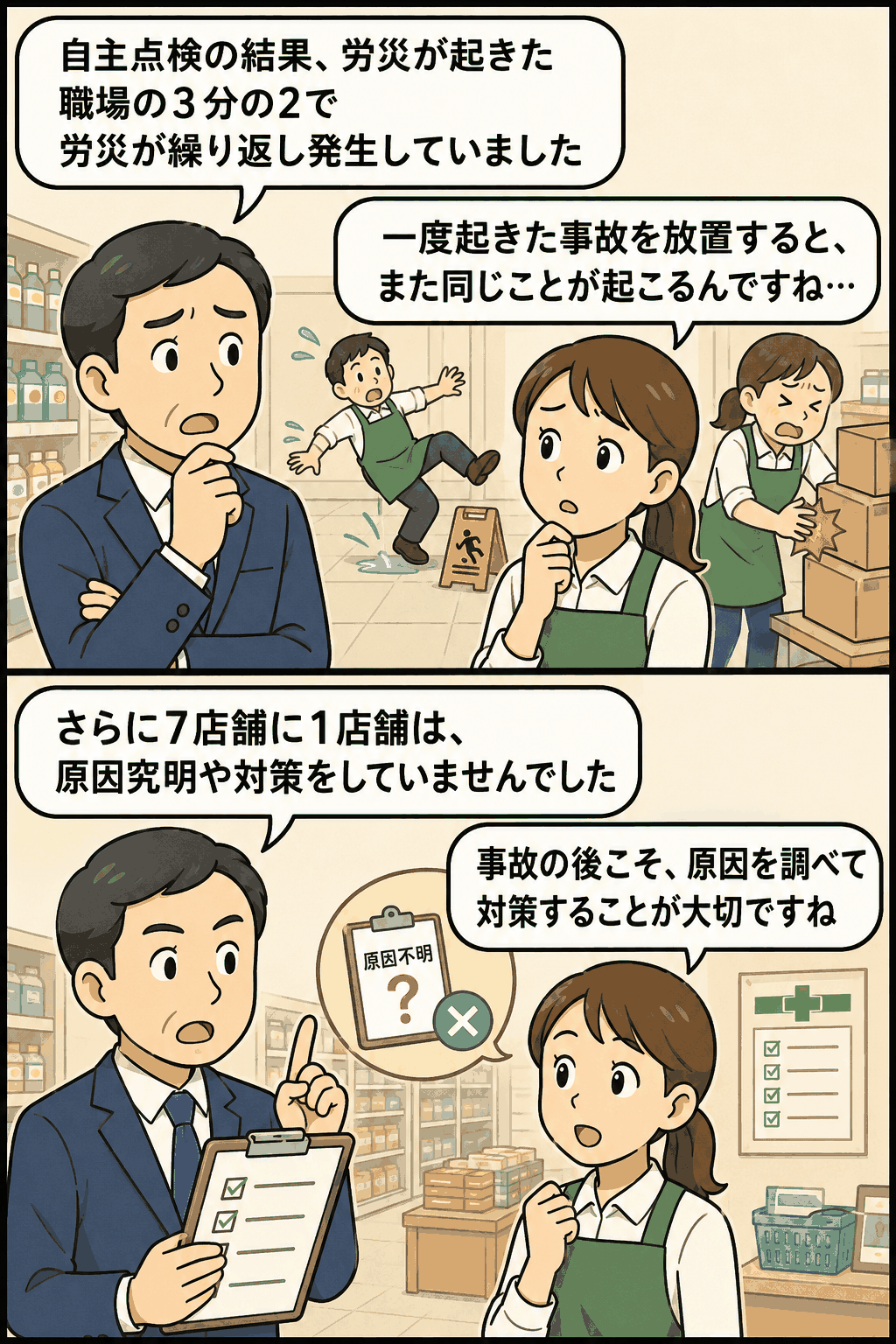 兵庫労働局の小売業安全衛生自主点検で、労災発生職場の3分の2が労災を繰り返し、7店舗に1店舗が原因究明や対策を実施していないことを説明する漫画