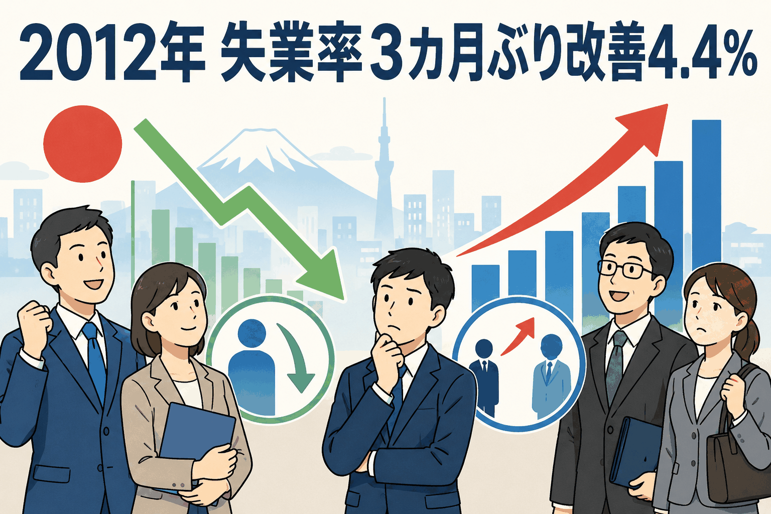 2012年5月の完全失業率が3カ月ぶりに改善し4.4％となったことを示す、グラフとビジネスパーソンのイラスト