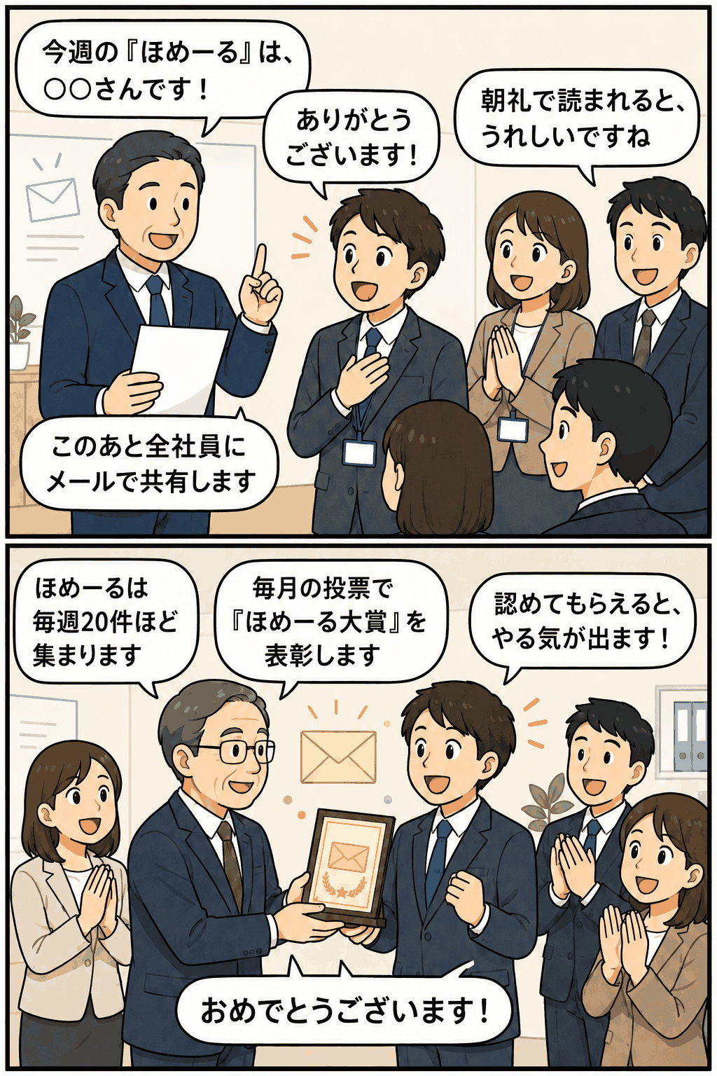 情報通信システム会社の朝礼で「ほめーる」を読み上げ、頑張った社員をメール共有と表彰で称える社内制度の漫画