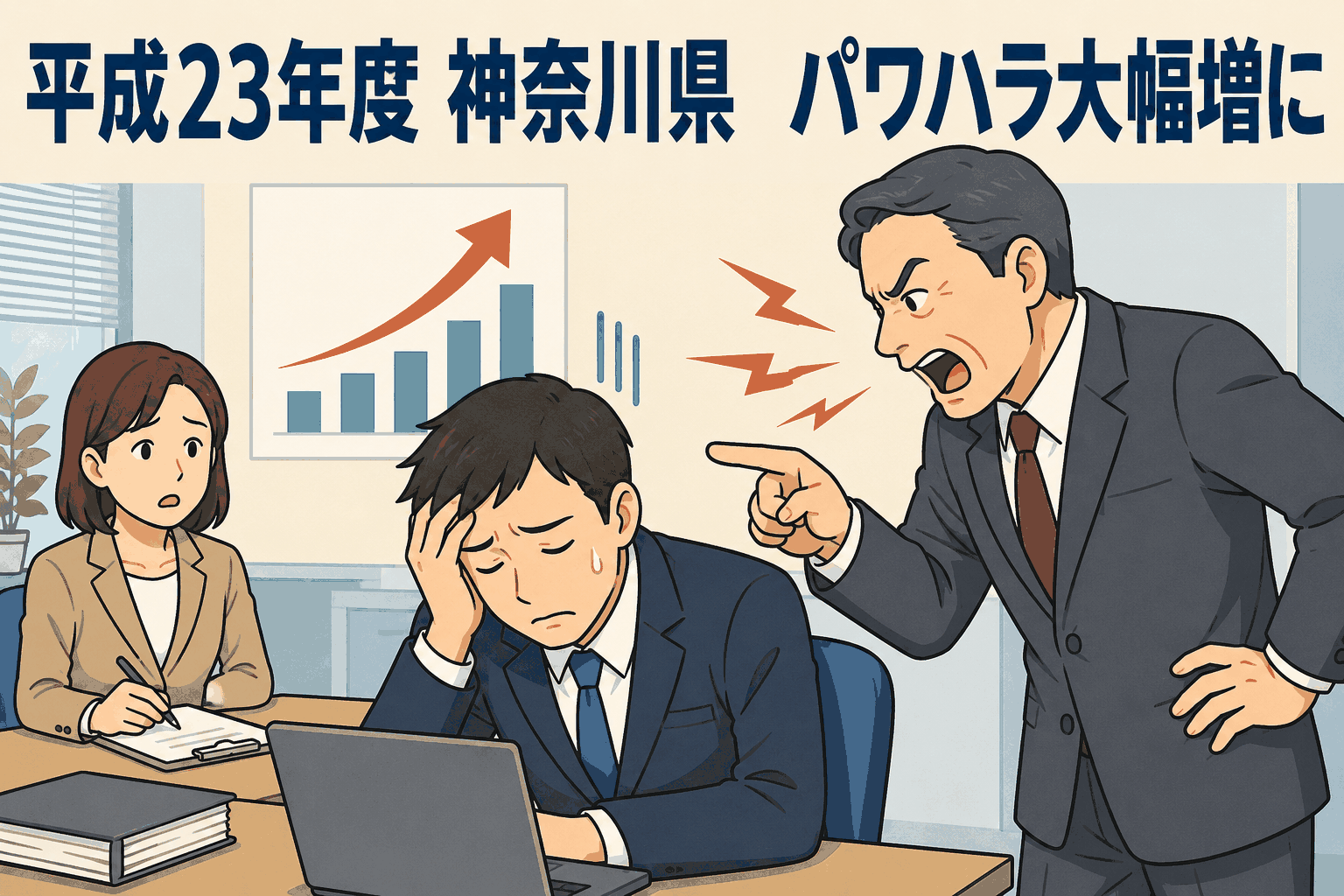 平成23年度の神奈川県労働相談でパワハラやいやがらせ相談が大幅増加したことを示す職場トラブルのイラスト