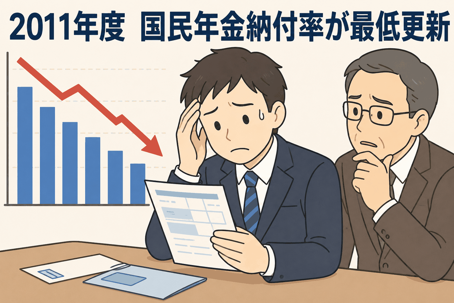 2011年度の国民年金保険料納付率が58.6％で過去最低を更新し、若年層の未納増加を示す下降グラフと不安そうな男性たち