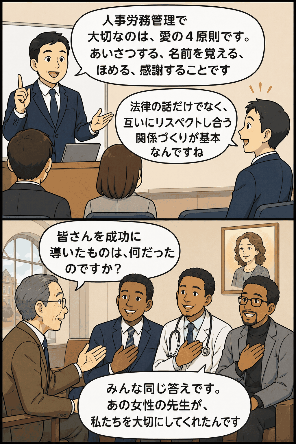 人事労務管理のセミナーで愛の4原則とリスペクトの重要性を学び、成功者たちが恩師への感謝を語る漫画