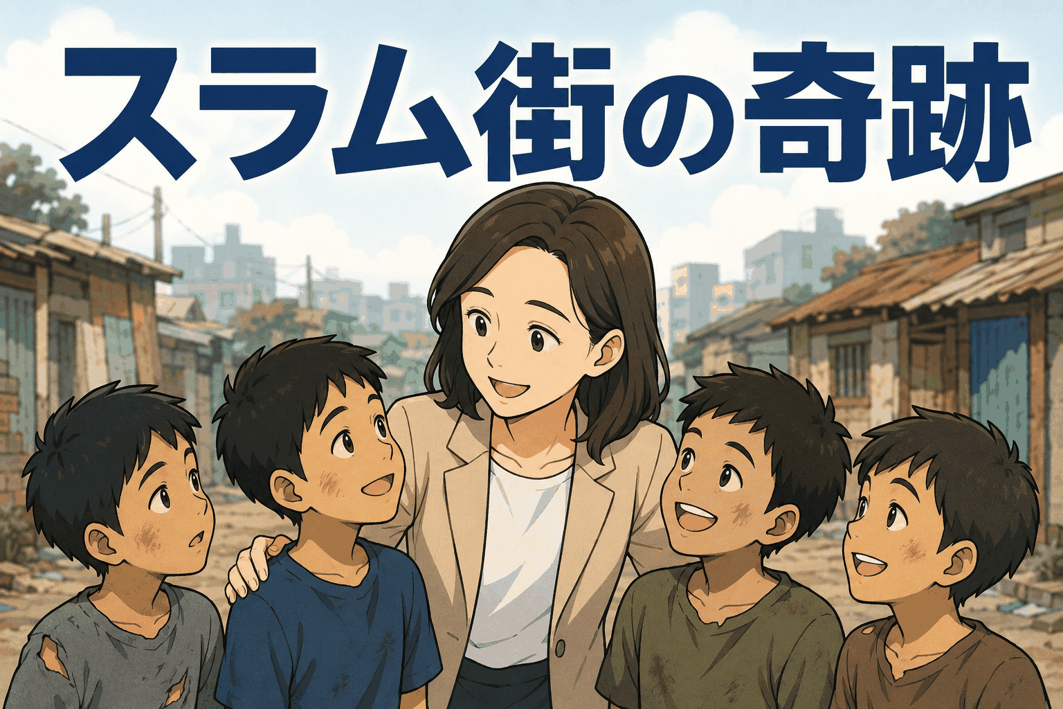 スラム街で教師に温かく見守られる子どもたちと「スラム街の奇跡」の文字
