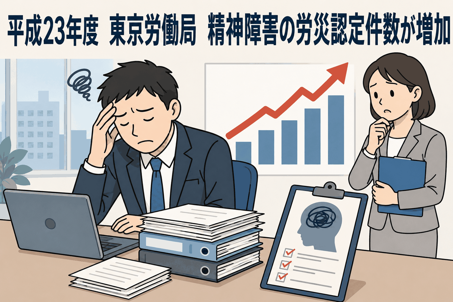 平成23年度の東京労働局における精神障害の労災認定件数増加を示すイラスト