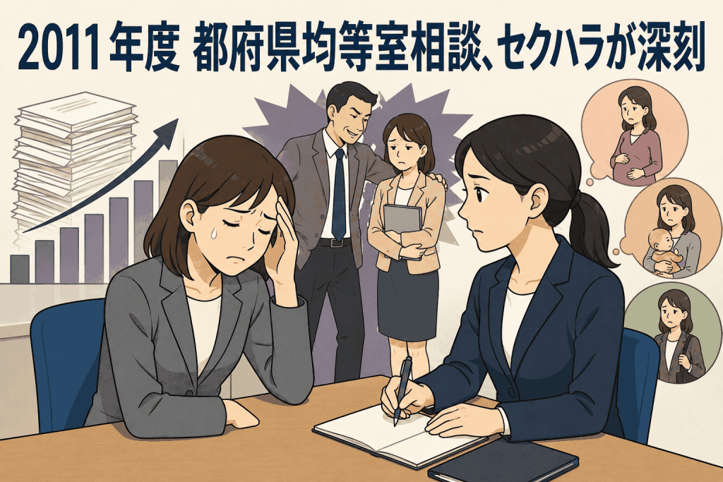 2011年度の都道府県労働局雇用均等室への相談件数増加とセクハラ・妊娠出産・育児休業をめぐる労働相談を表したイラスト