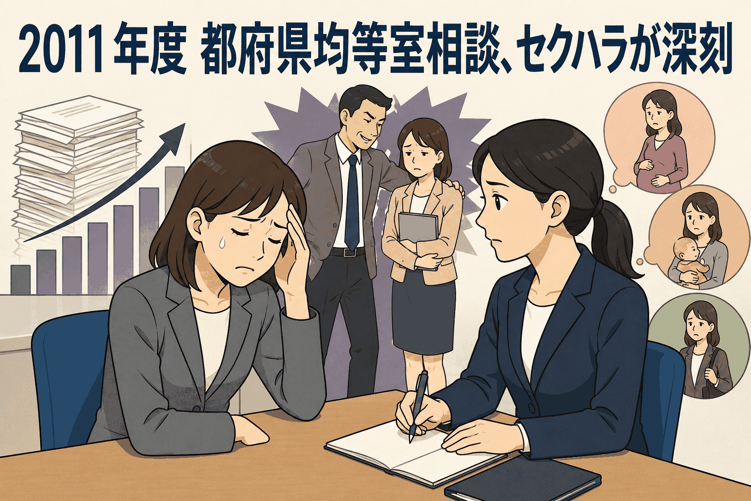 2011年度の都道府県労働局雇用均等室への相談件数増加とセクハラ・妊娠出産・育児休業をめぐる労働相談を表したイラスト