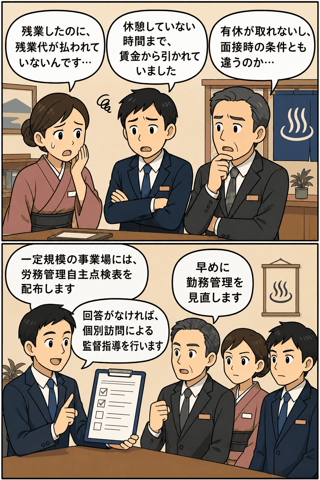 別府などの温泉地の旅館・ホテル業で、残業代未払い、休憩時間の賃金控除、有給休暇が取れない問題について労働局が監督指導を説明する漫画