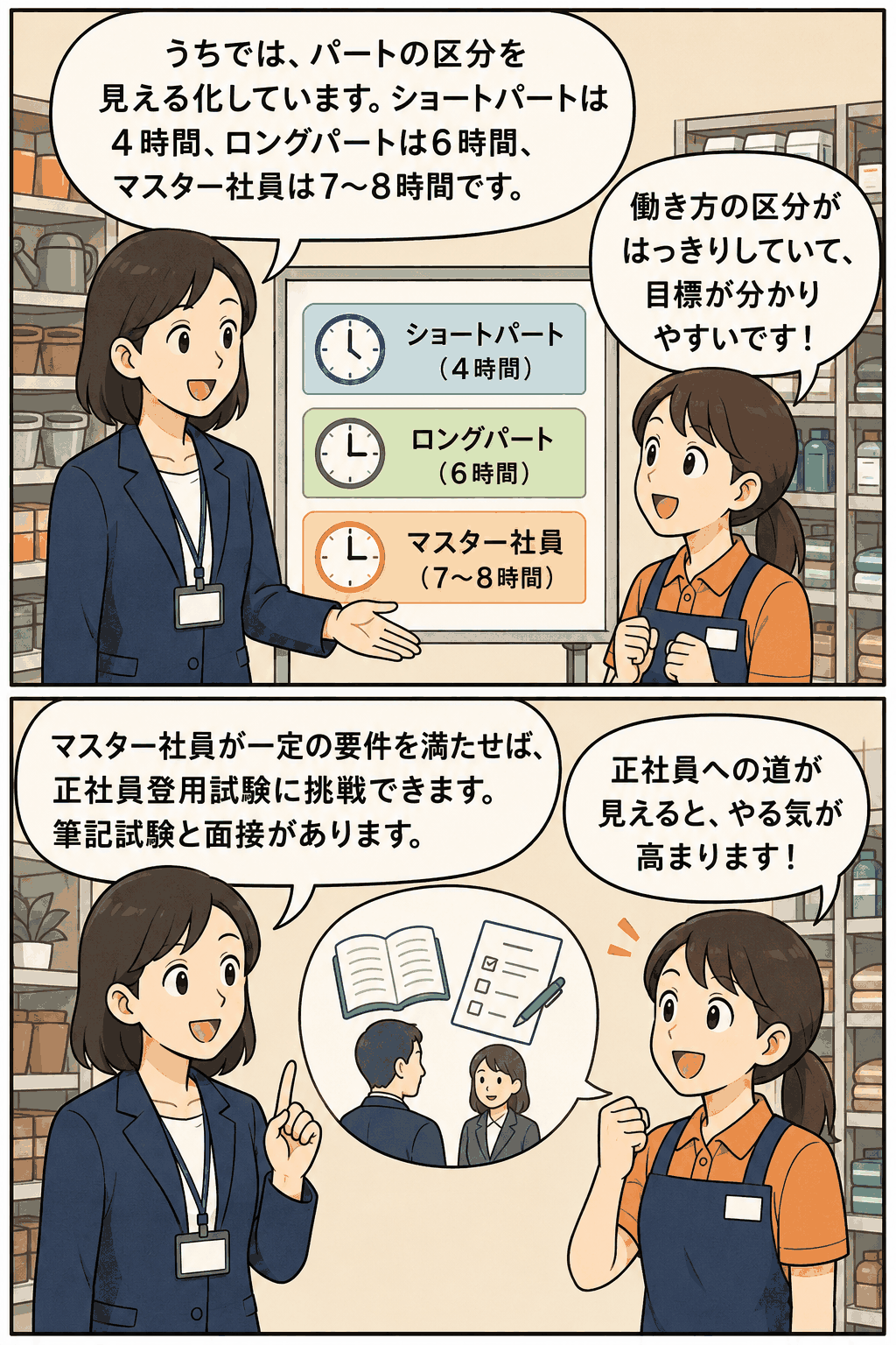 パートの雇用区分をショートパート・ロングパート・マスター社員に分け、正社員登用制度を見える化するホームセンターの説明漫画