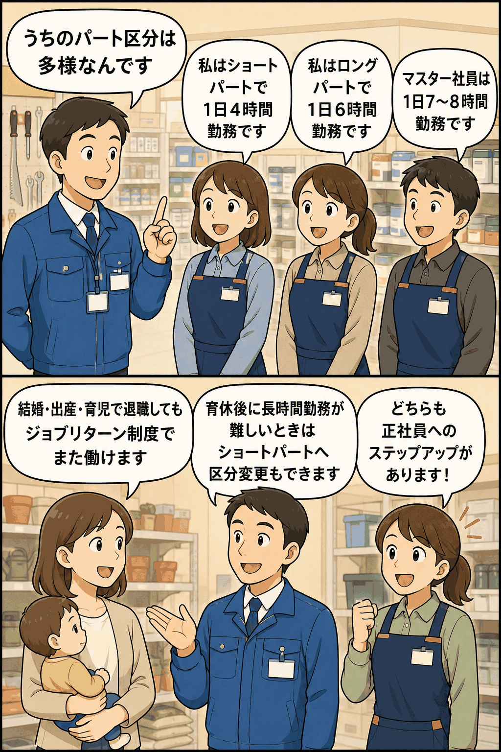 ホームセンターのパート雇用区分としてショートパート、ロングパート、マスター社員を紹介し、ジョブリターン制度や社員区分変更制度による正社員へのステップアップを説明する漫画イラスト