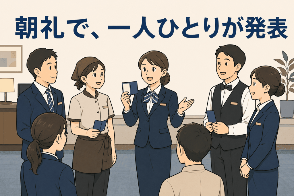 朝礼で、一人ひとりが発表