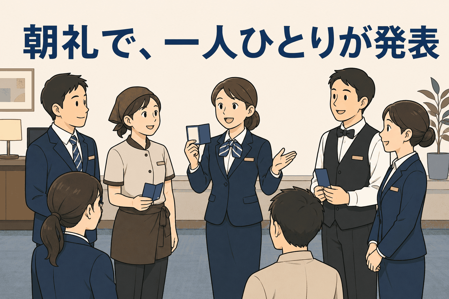 ビジネスホテルの朝礼で、スタッフが「Faith」カードに沿った取り組みを一人ずつ発表している様子