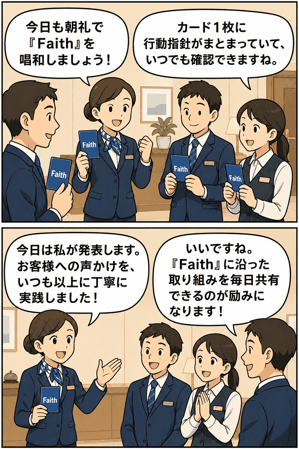 ビジネスホテルの朝礼で、スタッフが携帯用の「Faith」カードを唱和し、行動指針に沿った接客の実践例を発表している漫画