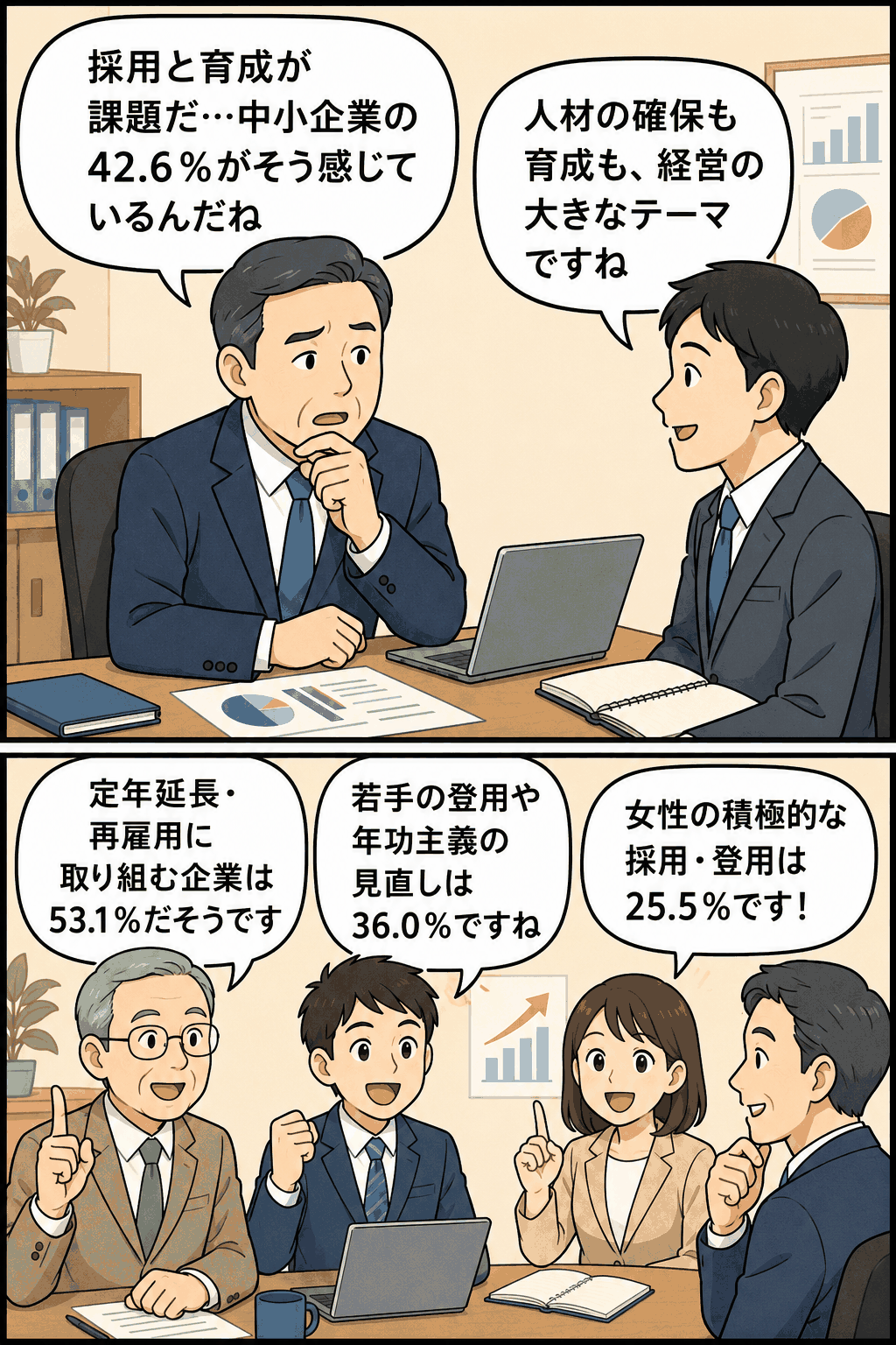 中小企業の経営者と従業員が、採用・育成や定年延長、若手登用、女性活躍などの人材課題について話し合う漫画イラスト
